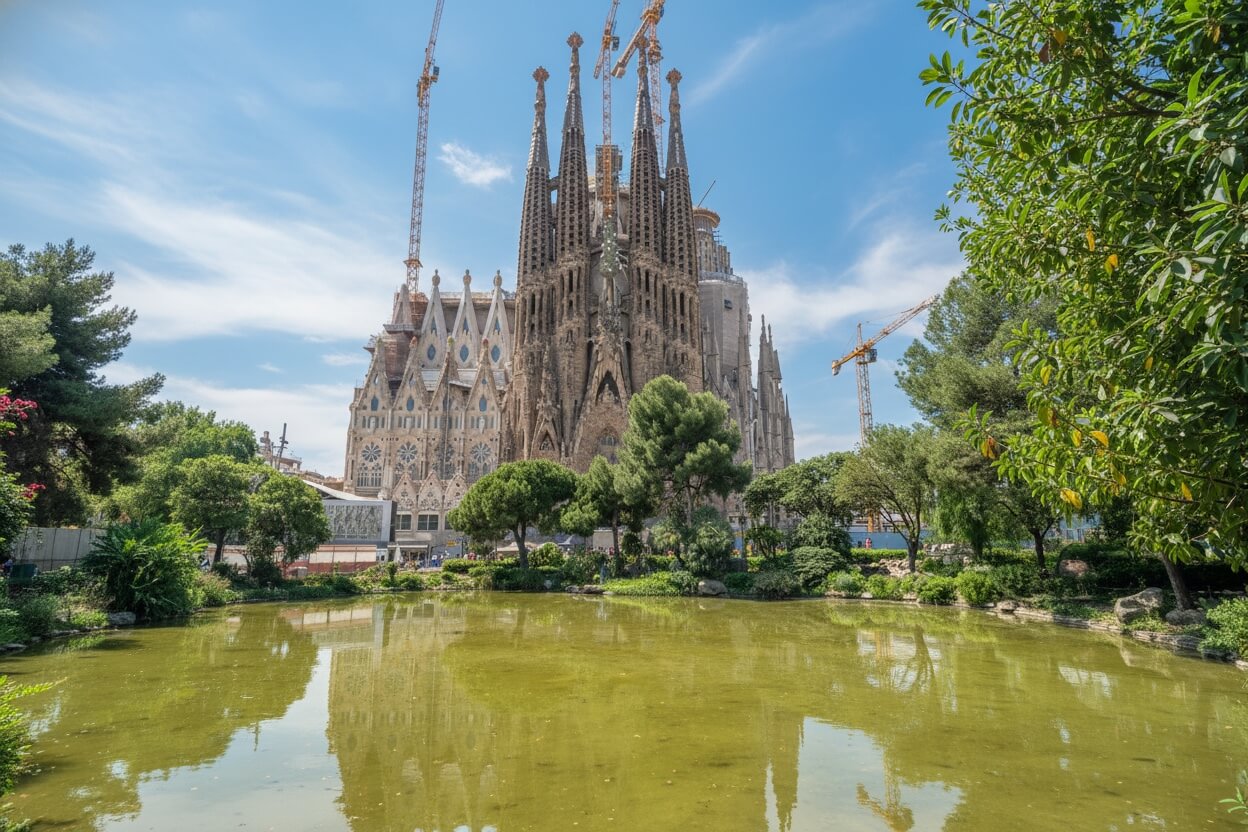 Parco con laghetto davanti alla Sagrada Familia